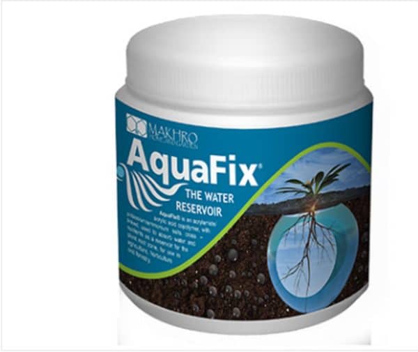 Picture of AquaFix wetting agent in a round plastic container with graphic blue label.