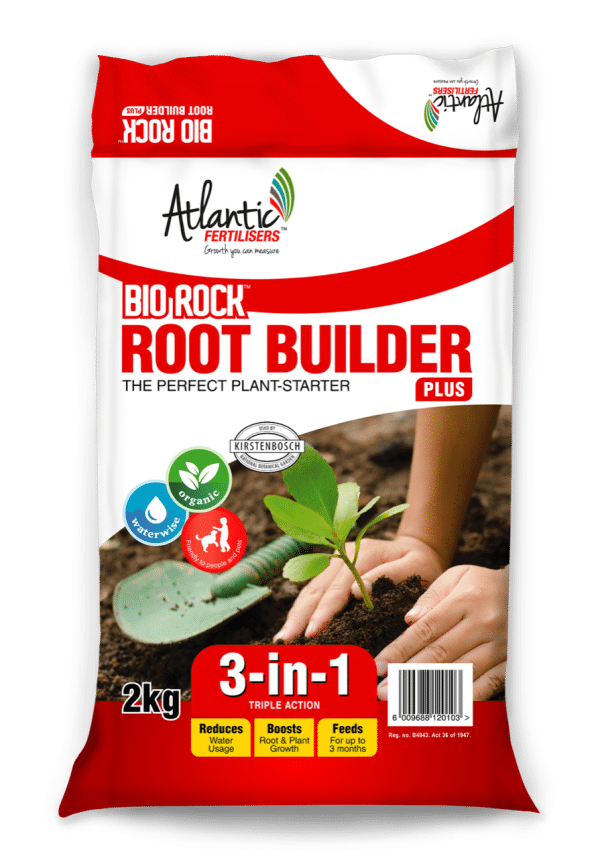 Product shot of a red-and-white bag of Bio Rock Root Builder fertiliser.
