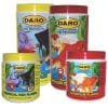 A close-up of four yellow and red tubs of Daro fish food and fish flakes.