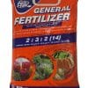A Protek General Fertilizer bag, containing usage instructions. The fertilizer weighs 40 lbs (18.14 kg), covers 10,890 sq ft (1012 sq m), and contains a 2-3-2 nutrient ratio.