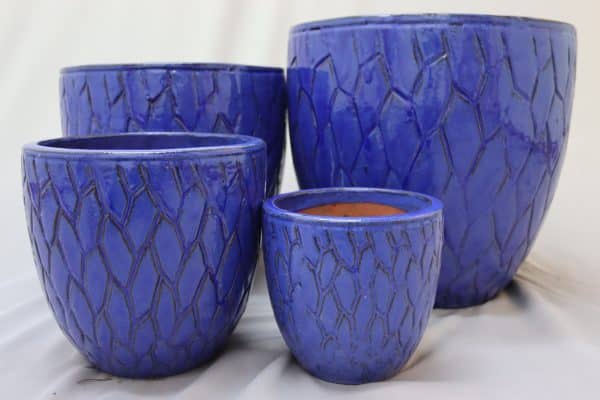 Dark blue glazed pots of various sizes with protea flower-shaped patterns on them.