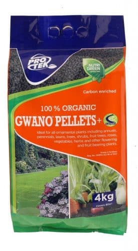 A bag of Protek 100% organic carbon enriched Gwano Pellets fertilizer, weighing 4kg. The pellets are ideal for ornamental plants including grasses, perennials, roses, trees, shrubs, and new lawns.