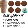 Easy grow kit containing coir pots, fertilized pods, seed packs, and branding logo.