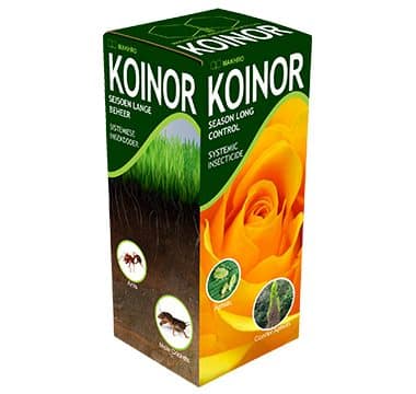 A box of Koinir insecticide with an image of an orange rose and green grass on it.
