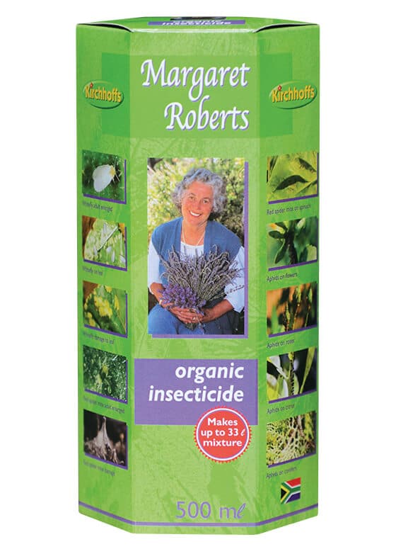 Green box containing 500ml Kirchhoffs Margaret Roberts organic insecticide.