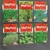 Six pack of various Mayford herb seeds against a black background.