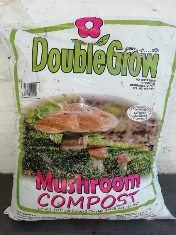 A bag of DoubleGrow mushroom compost fertiliser.