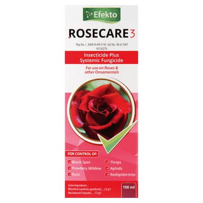 A box of Efekto Rosecare 3 systemic fungicide, with a red rose on the cover illustration.
