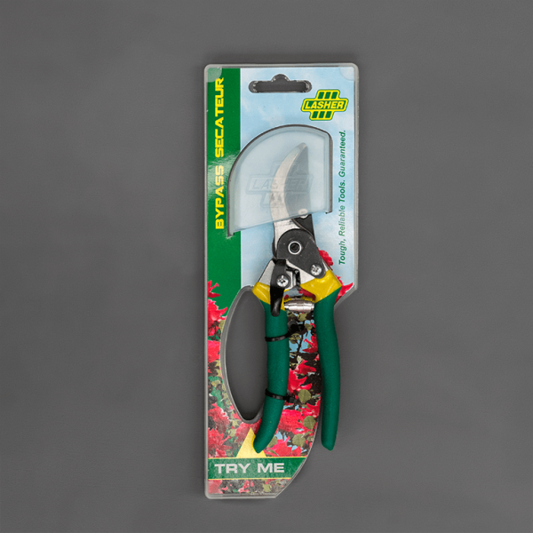 Lasher secateurs in bright packaging against a grey background.