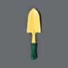 A yellow gardening trowel with a green handle.