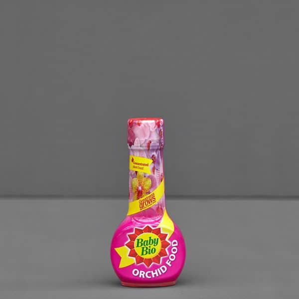 A pink bottle of Baby Bio orchid food against a grey background.