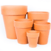 Multiple sizes of narrow terracotta plant pots, arranged from smallest in the front to biggest in the back.