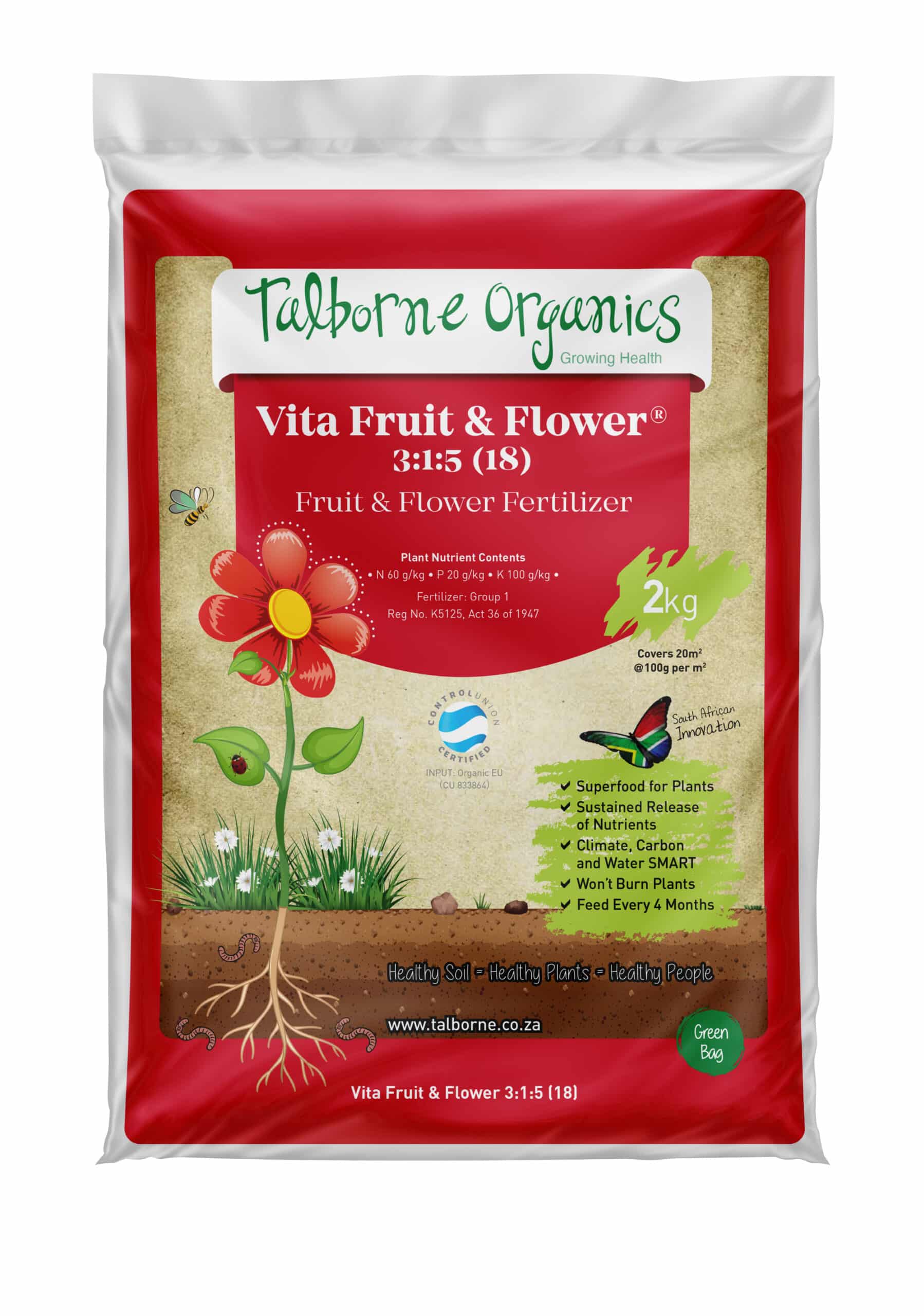 Red 2kg bag of Talborne Organics Vita Fruit & Flower 3:1:5 (18) Fruit & Flower Fertiliser with image of flowering plant.