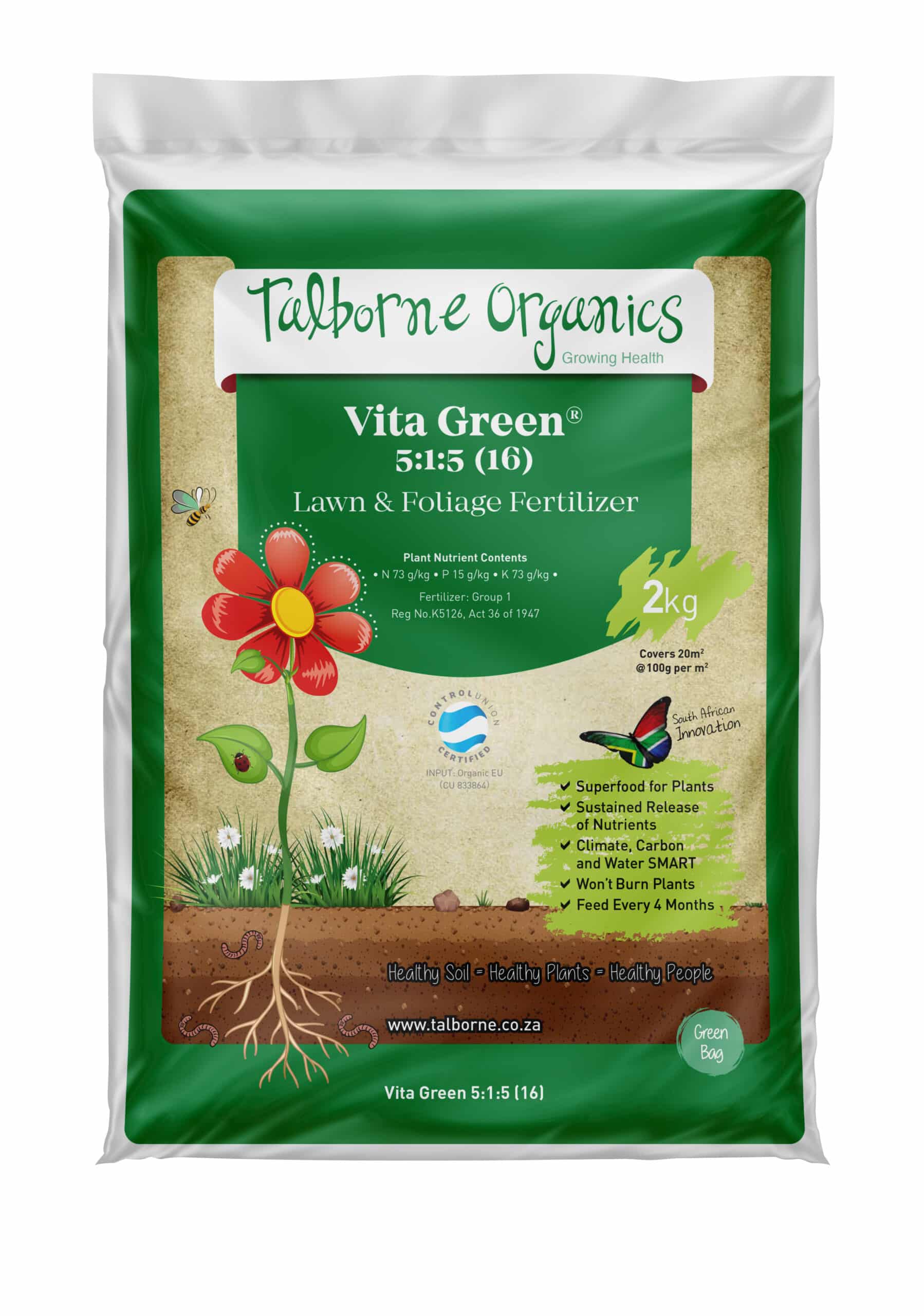 Green 2kg bag of Talborne Organics Vita Green 5:1:5 (16) Lawn & Foliage Fertiliser with image of flowering plant and lawn.