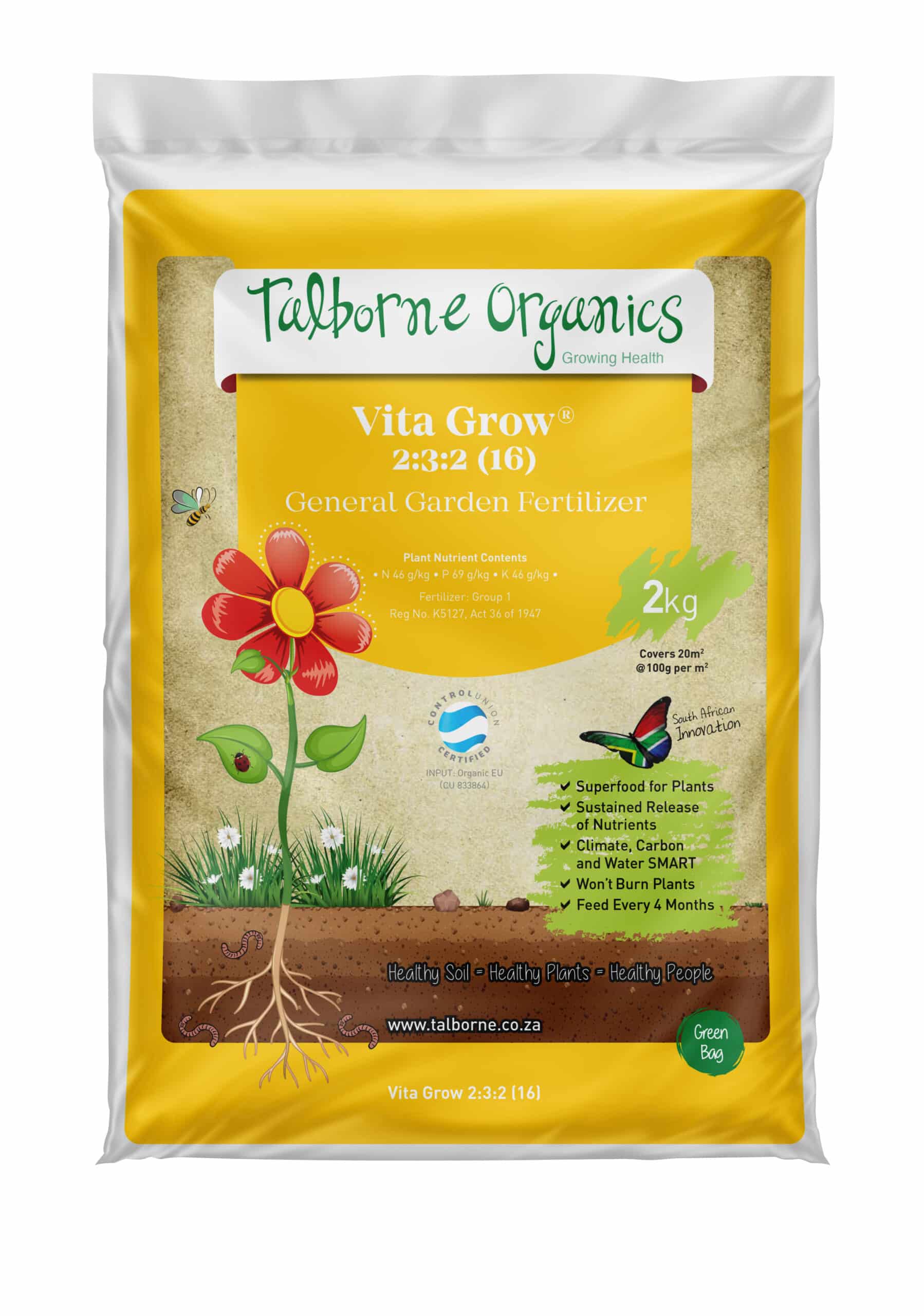 Yellow 2kg bag of Talborne Organics Vita Grow 2:3:2 (16) General Garden Fertiliser with image of flowering plant roots.