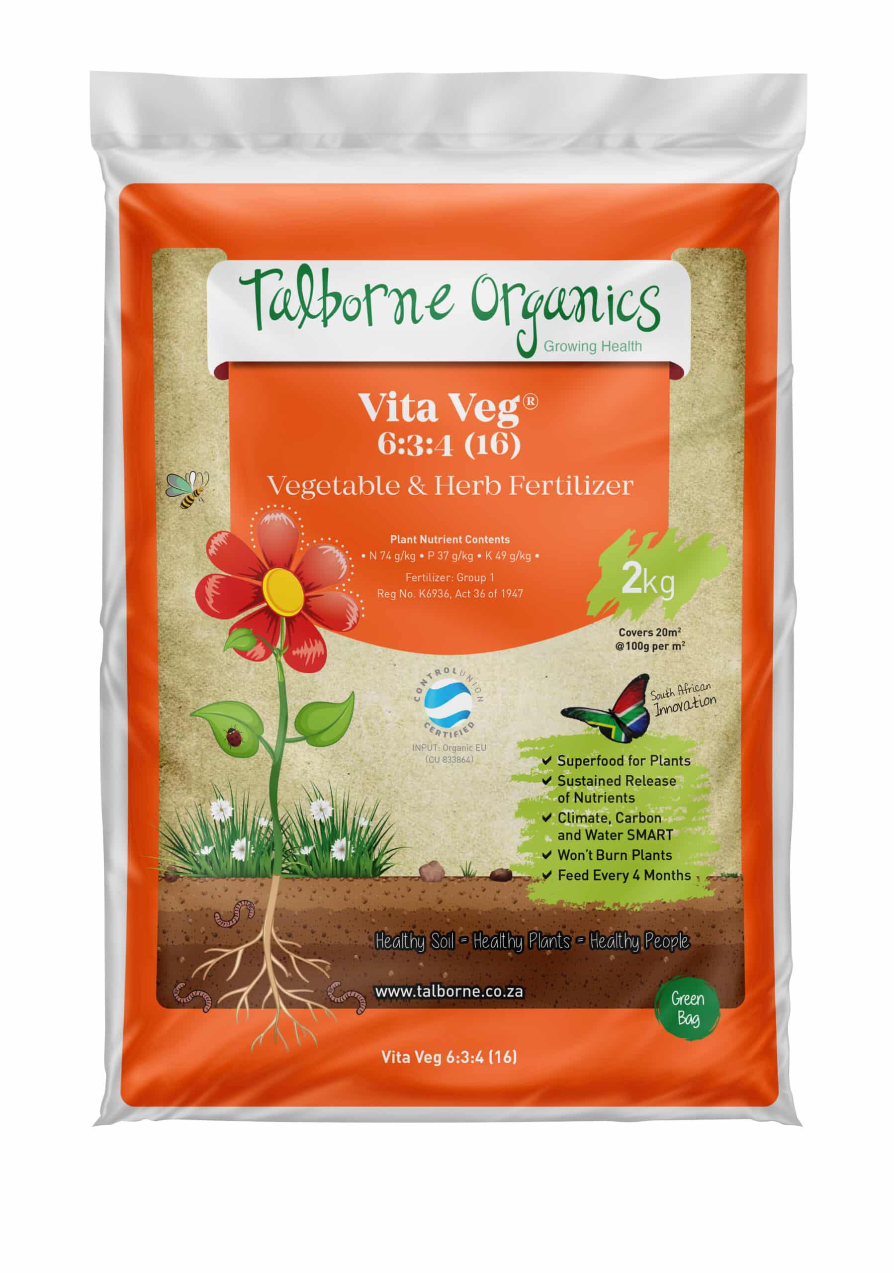 Orange 2kg bag of Talborne Organics Vita Veg 6:3:4 (16) vegetable and herb fertiliser, suitable for plants, sustained release of nutrients, climate carbon and water smart.