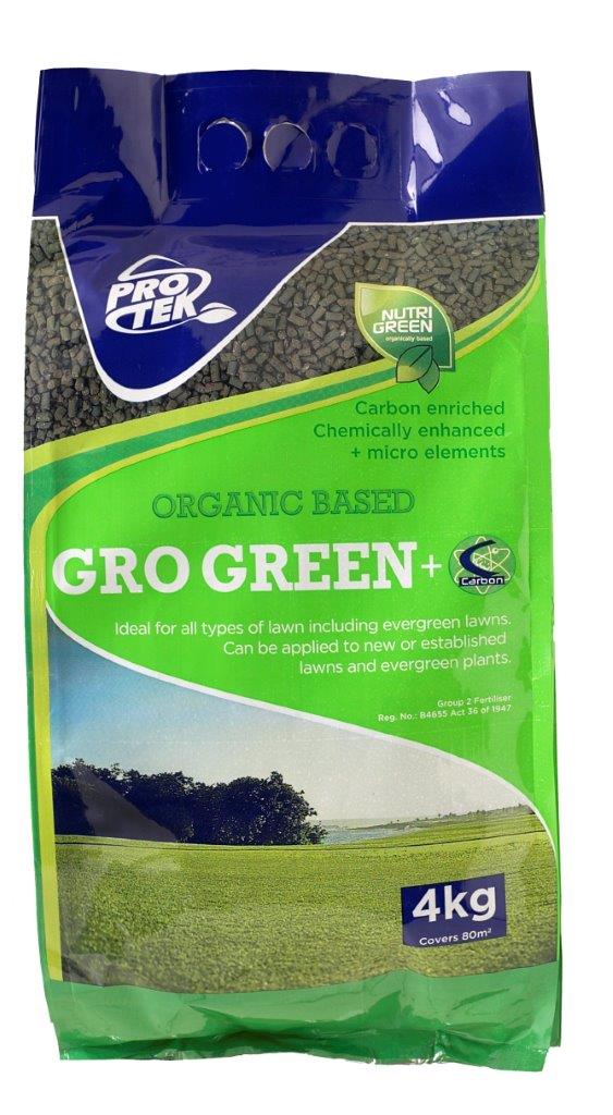 A 4kg bag of Protek Organic Based Gro Green+ fertilizer, ideal for all types of lawn including evergreen lawns. Can be applied to new or established lawns and evergreen plants.