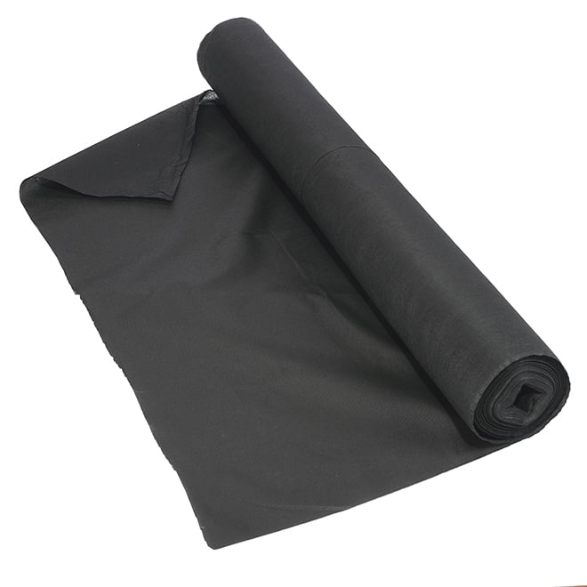 An opened roll of black weed guard against a white background.