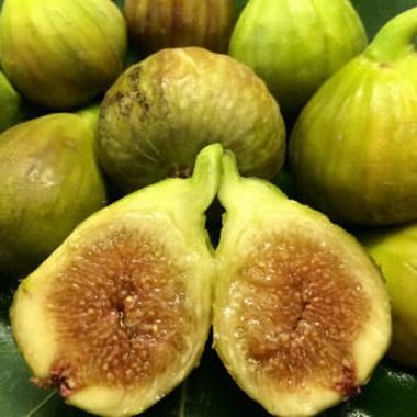 A close-up of green Cape Brown Figs, with the front fig cut in half to display the middle