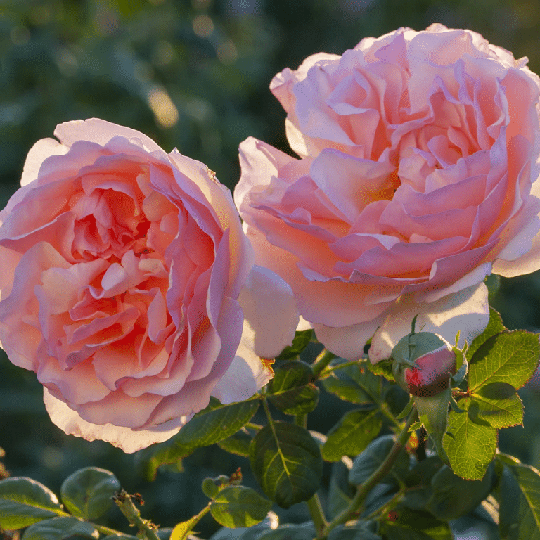 Close-up of two soft pink flowering Charlene de Monaco roses in the sun's shadow.