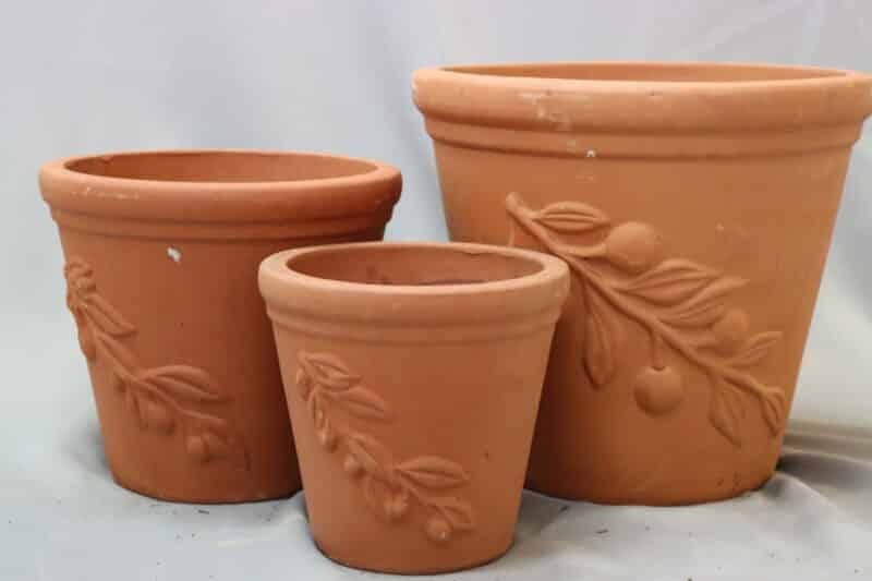 Small, medium and large terracotta plant pots with leaf emboss.