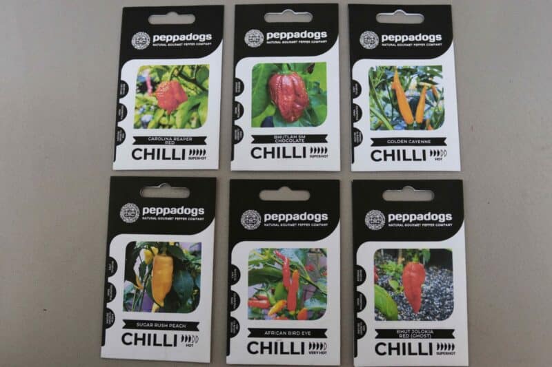 Six packs of various Peppadogs chilli seeds.