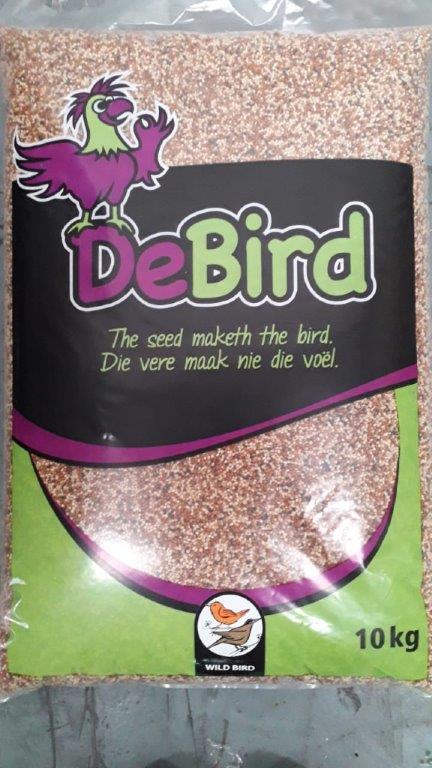 Transparant plastic bag with bird graphic containing DeBird Commix bird seed.