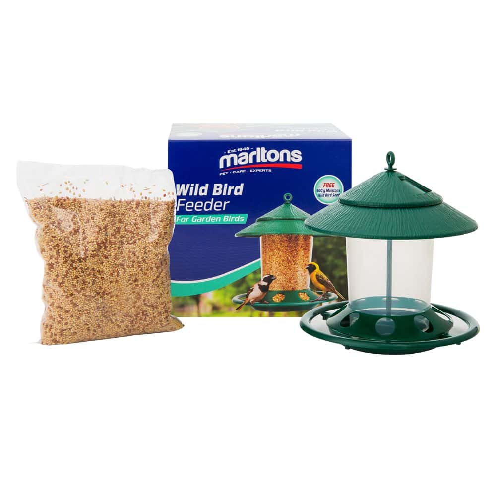 A birdseed packet, a blue Marltons wild bird feeder box, and a green seed feeder against a white background.