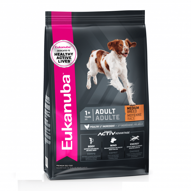 A 15kg bag of Eukanuba adult dog food for medium breeds.