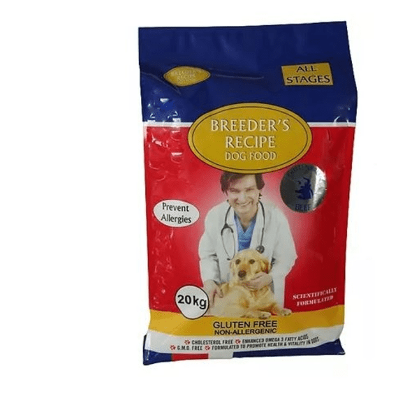 A 20kg bag of Breeder's Recipe dog food.