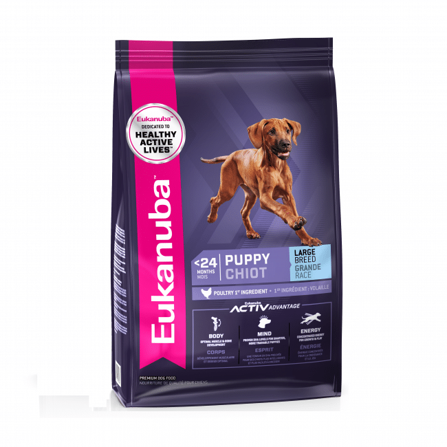 A 9kg bag of Eukanuba dog food for large breed puppies.