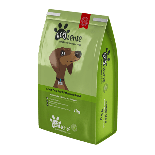 A 7kg bag of Dogsense adult small and medium breed dog food.