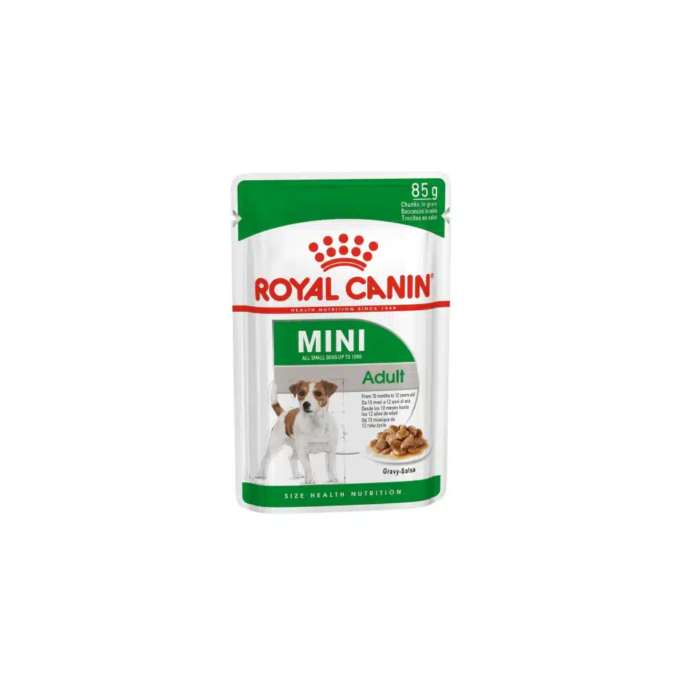 An 85g pouch of Royal Canin mini adult wet dog food.