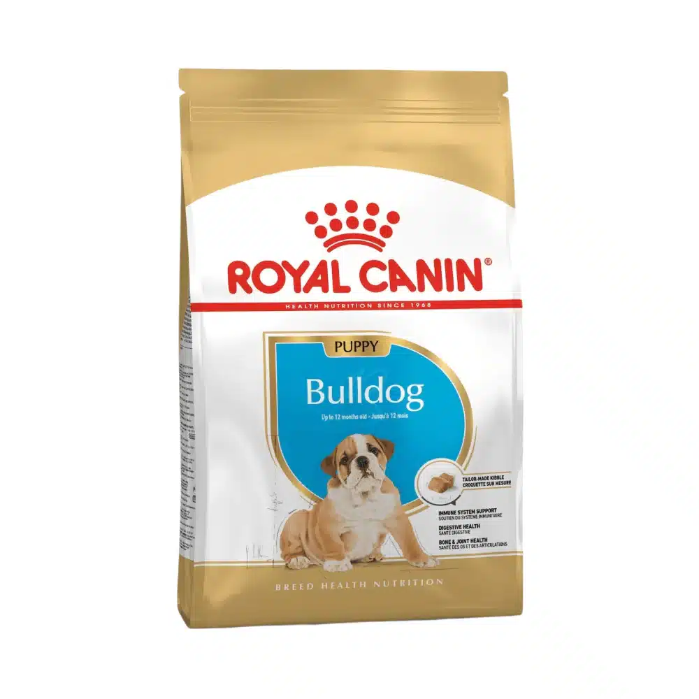 A 12kg bag of Royal Canin bulldog puppy food.