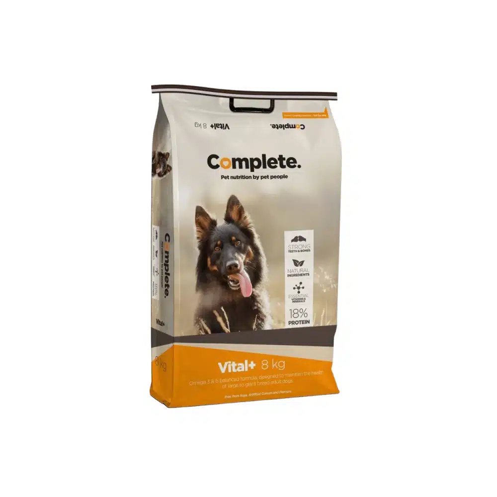 An 8kg bag of Vital Plus Complete dog food.