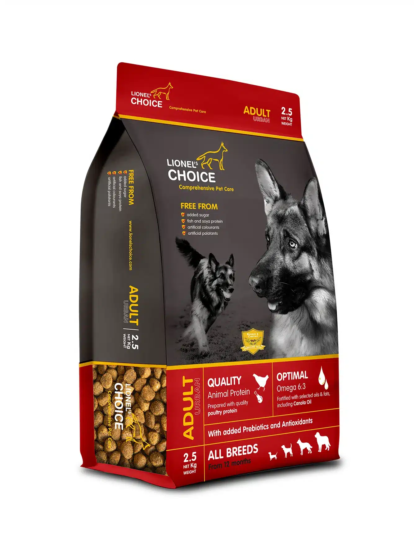 A 2.5kg bag of Lionel's Choice adult dog food.