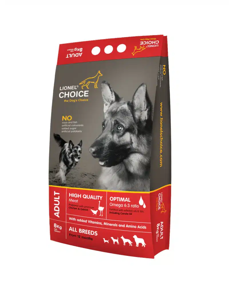 An 8kg bag of Lionel's Choice adult dry dog food.