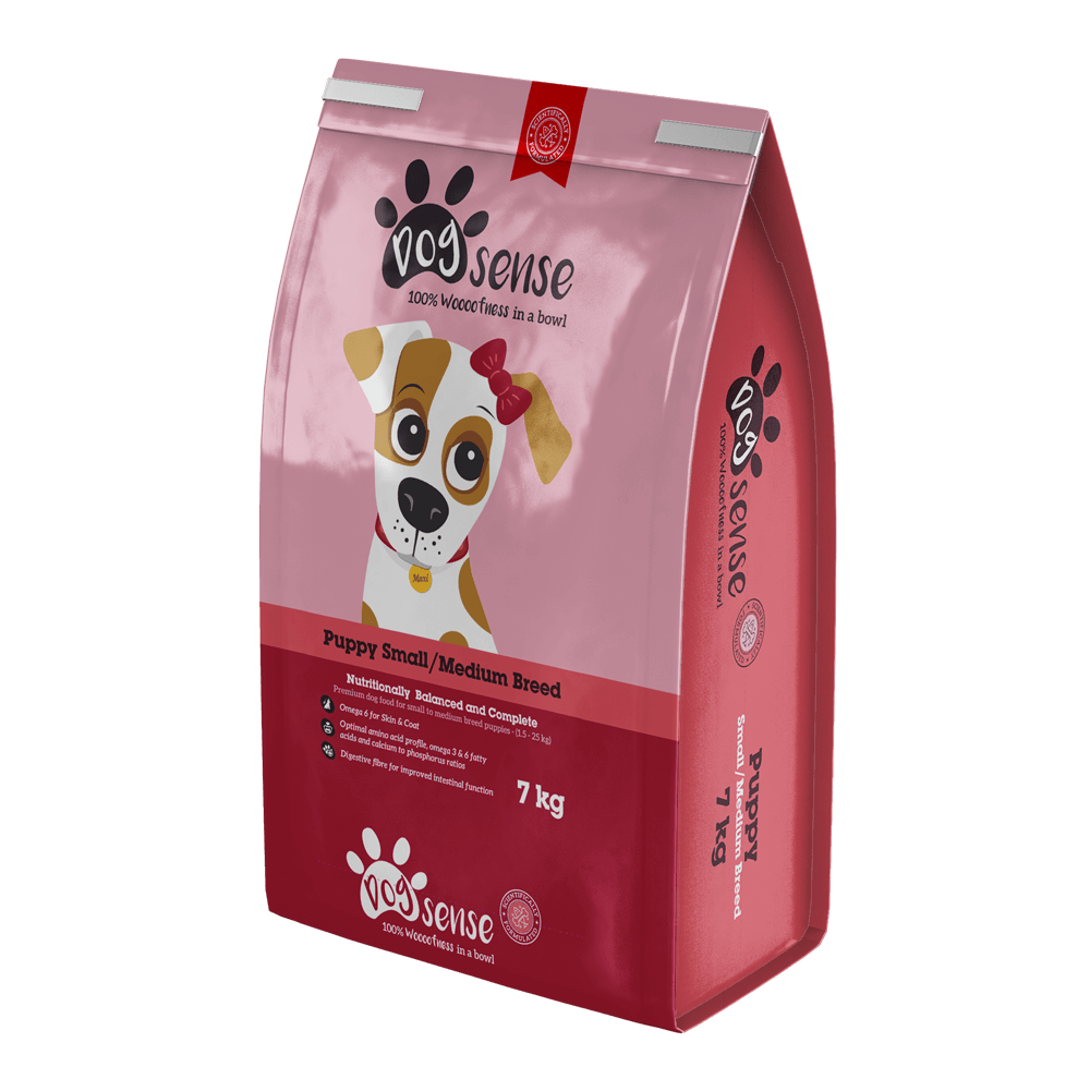 A 7kg bag of Dogsense small and medium breed puppy dog food.