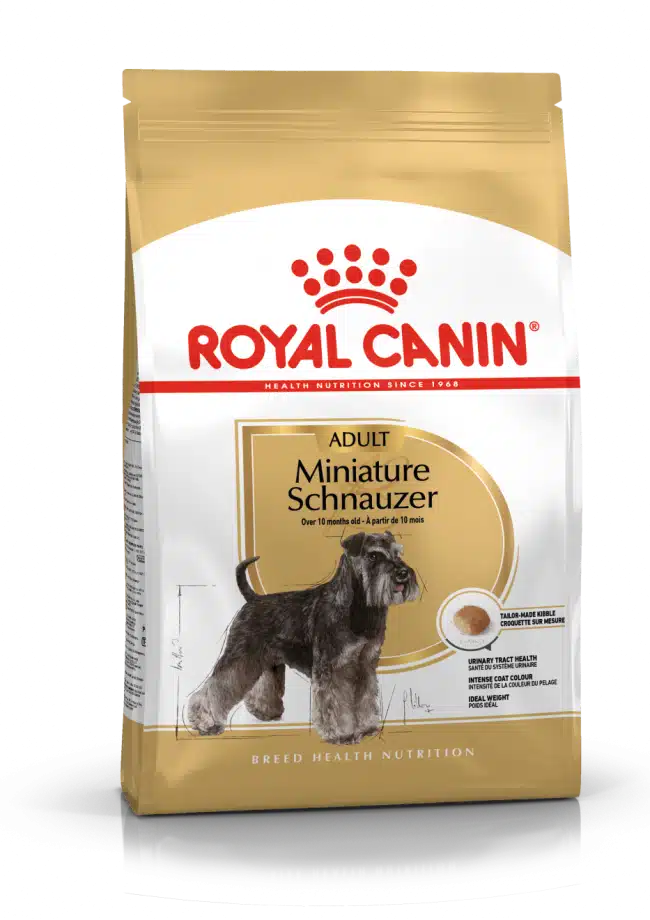 A 3kg bag of Royal Canin Miniature Schnauzer adult dog food.