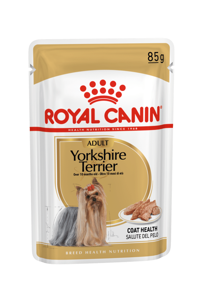 A 85g bag of Royal Canin Yorkshire Terrier adult dog food.
