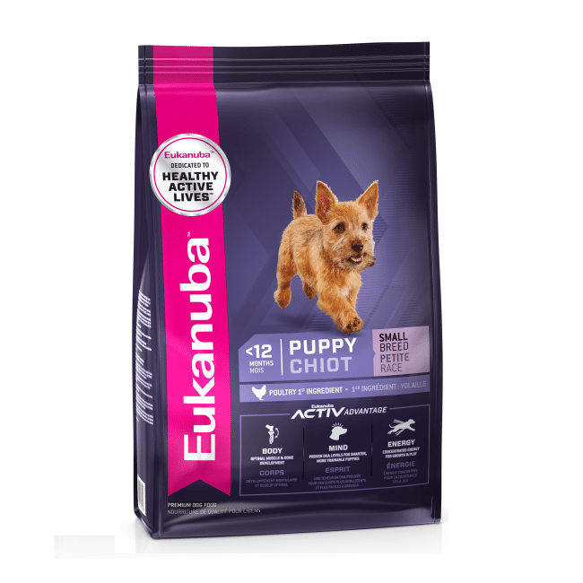 A 3kg bag of Eukanuba puppy dog food for small breeds.