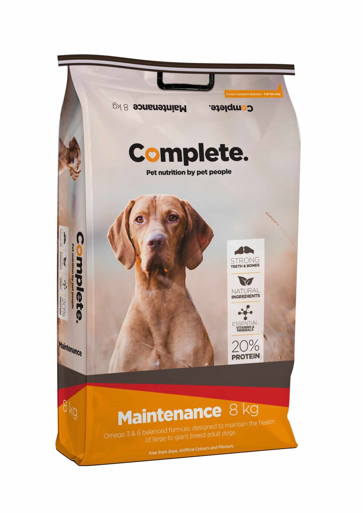 A 8kg bag of Complete maintenance dog food.