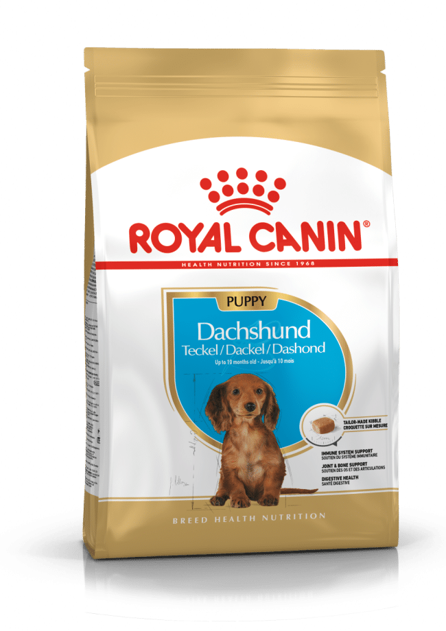 A 1.5kg bag of Royal Canin Dachshund puppy food.