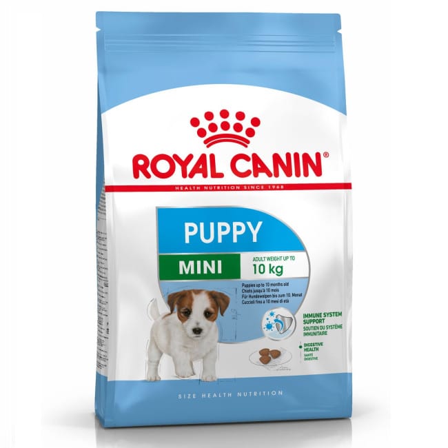 A 2kg bag of Royal Canin mini puppy dog food.