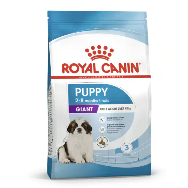 A 15kg bag of Royal Canin giant puppy dog food.