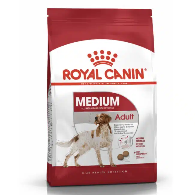 A 15kg bag of Royal Canin medium breed adult dog food.