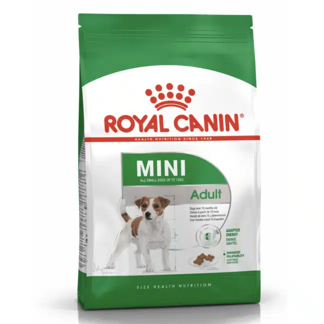 An 8kg bag of Royal Canin mini breed adult dog food.