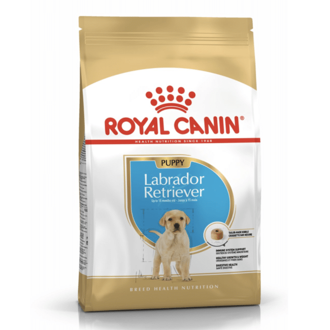 A bag of Royal Canin Labrador Retriever puppy dog food.