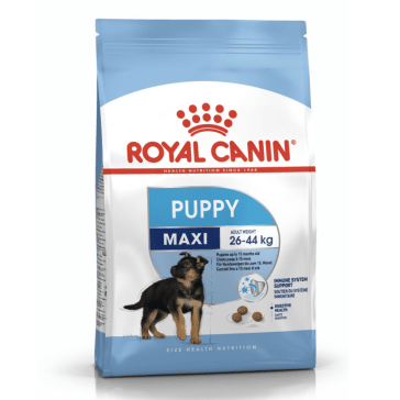 A 15kg bag of Royal Canin maxi junior large breed puppy dog food.