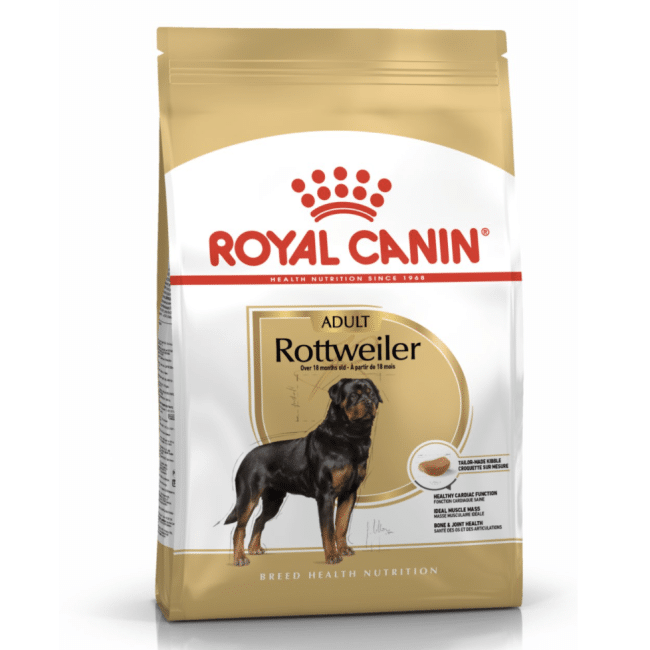 A 12kg bag of Royal Canin adult Rottweiler dog food.